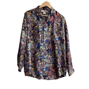 DON'T STOP Mens Large Abstract Print Silk Button Down Shirt Long Sleeve Colorful